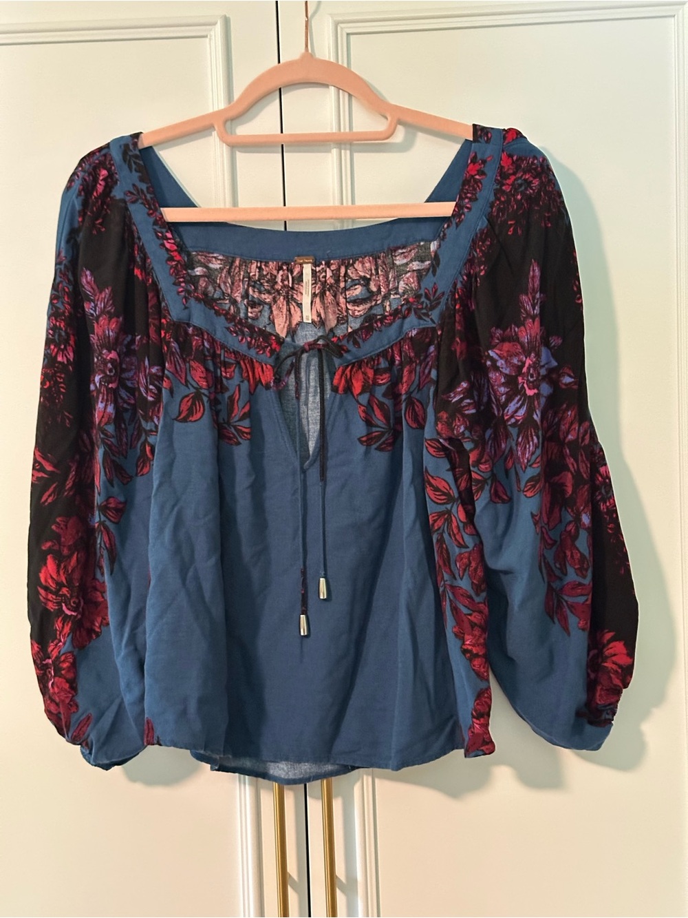 Free People Wild Memories Top Women's XS Blue Floral Boho Grunge Retro 90s Y2K